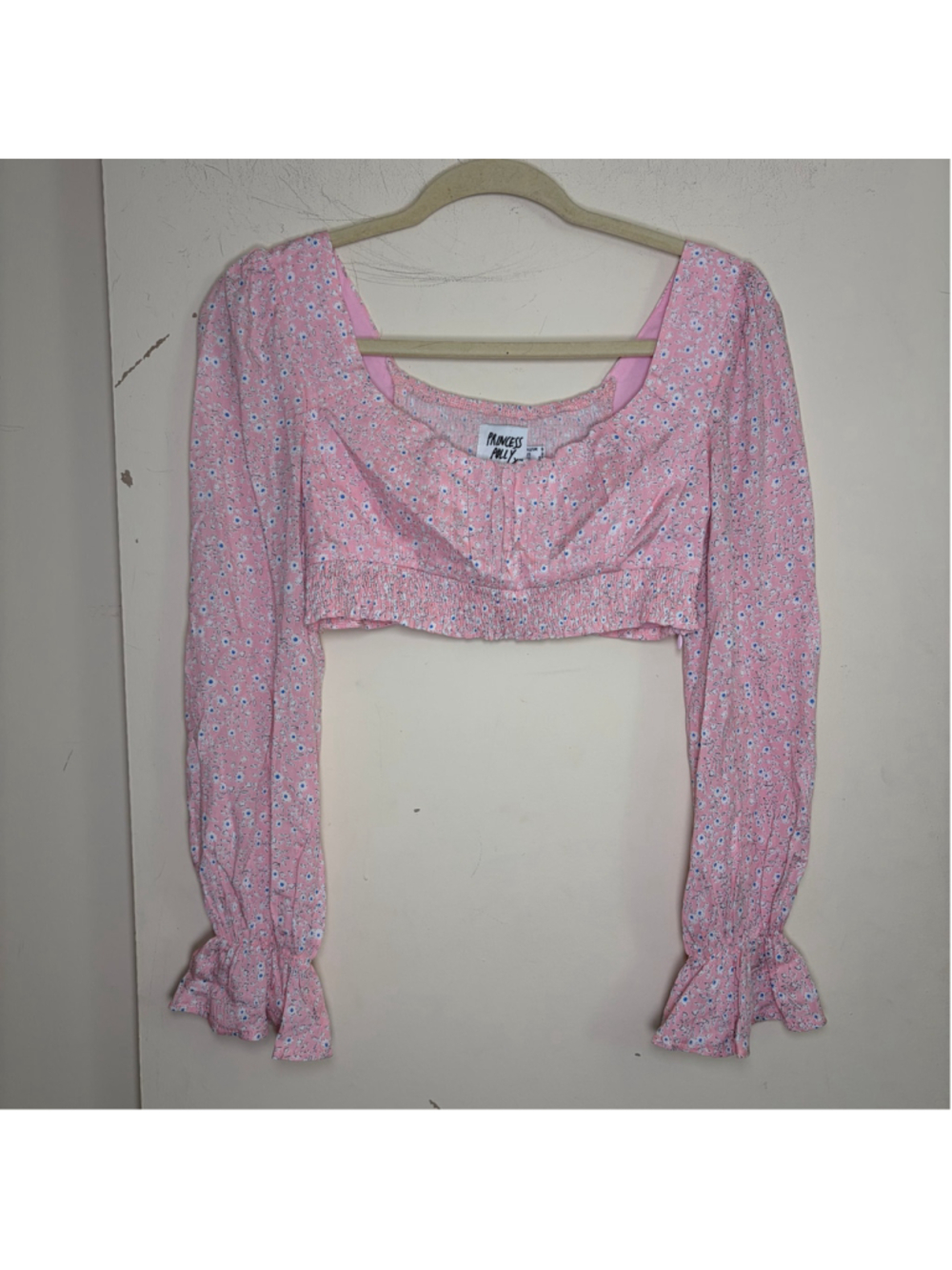 Princess Polly Susanna Pink Floral Crop Top Long Sleeve Smocked Square Neck Boho